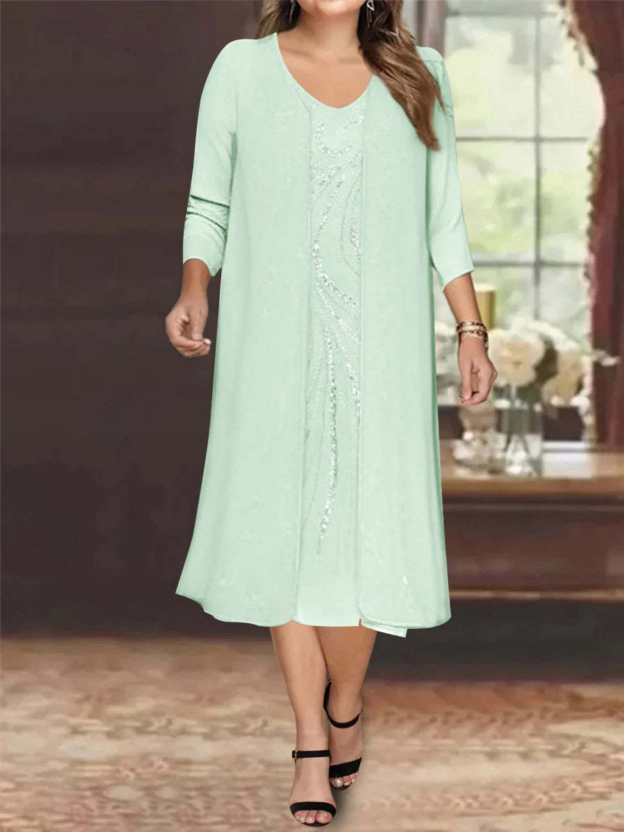 V-Neck Long-Sleeve Tea-Length Plus Size Mother of the Bride Dress with Jacket and Sequins