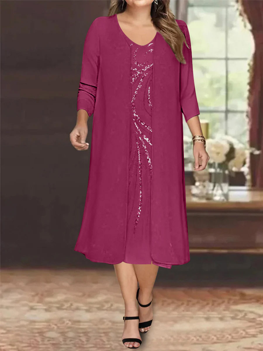 V-Neck Long-Sleeve Tea-Length Plus Size Mother of the Bride Dress with Jacket and Sequins