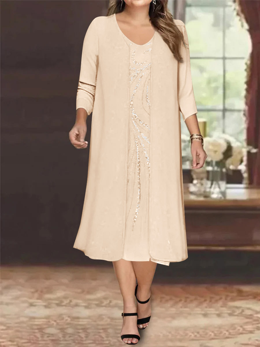 V-Neck Long-Sleeve Tea-Length Plus Size Mother of the Bride Dress with Jacket and Sequins