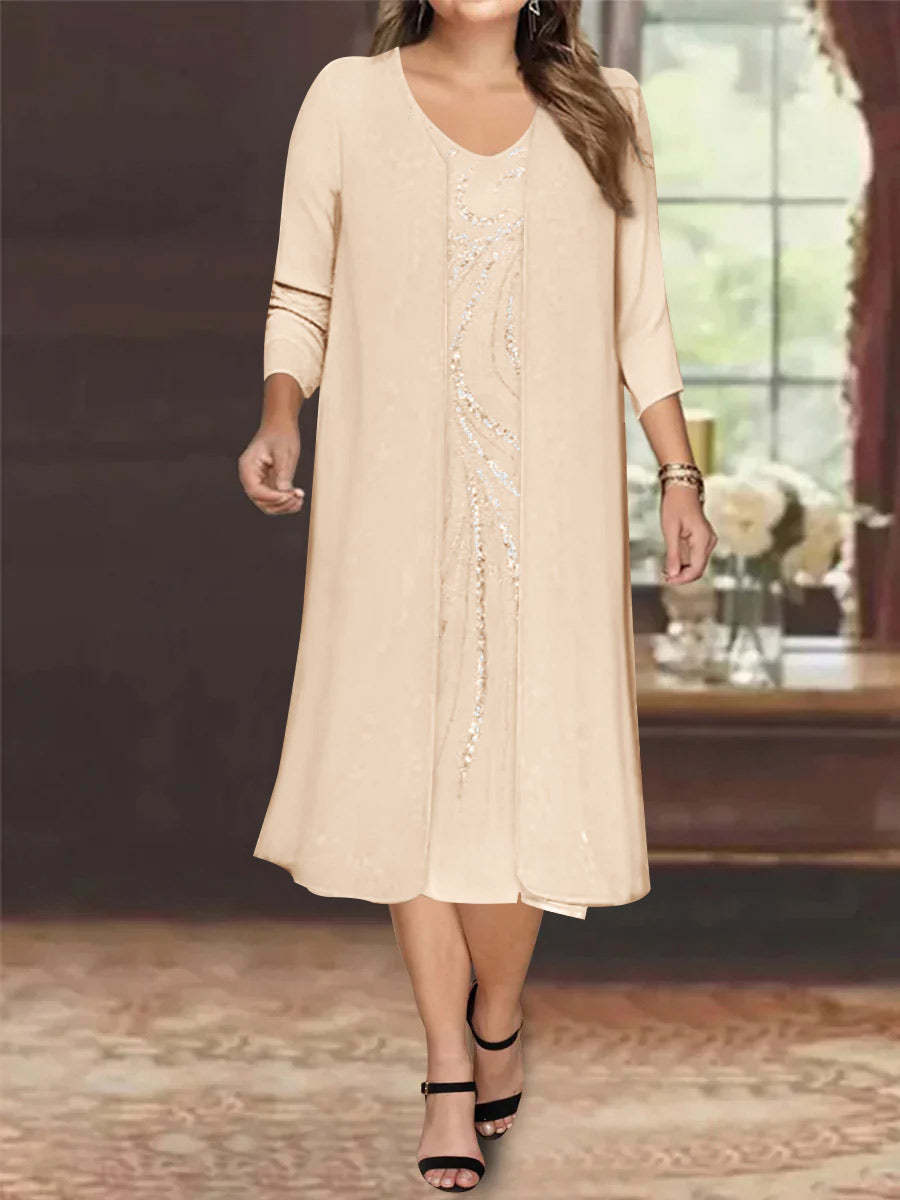 V-Neck Long-Sleeve Tea-Length Plus Size Mother of the Bride Dress with Jacket and Sequins