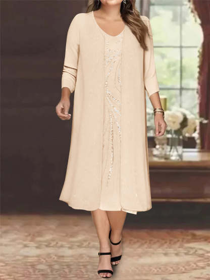 V-Neck Long-Sleeve Tea-Length Plus Size Mother of the Bride Dress with Jacket and Sequins