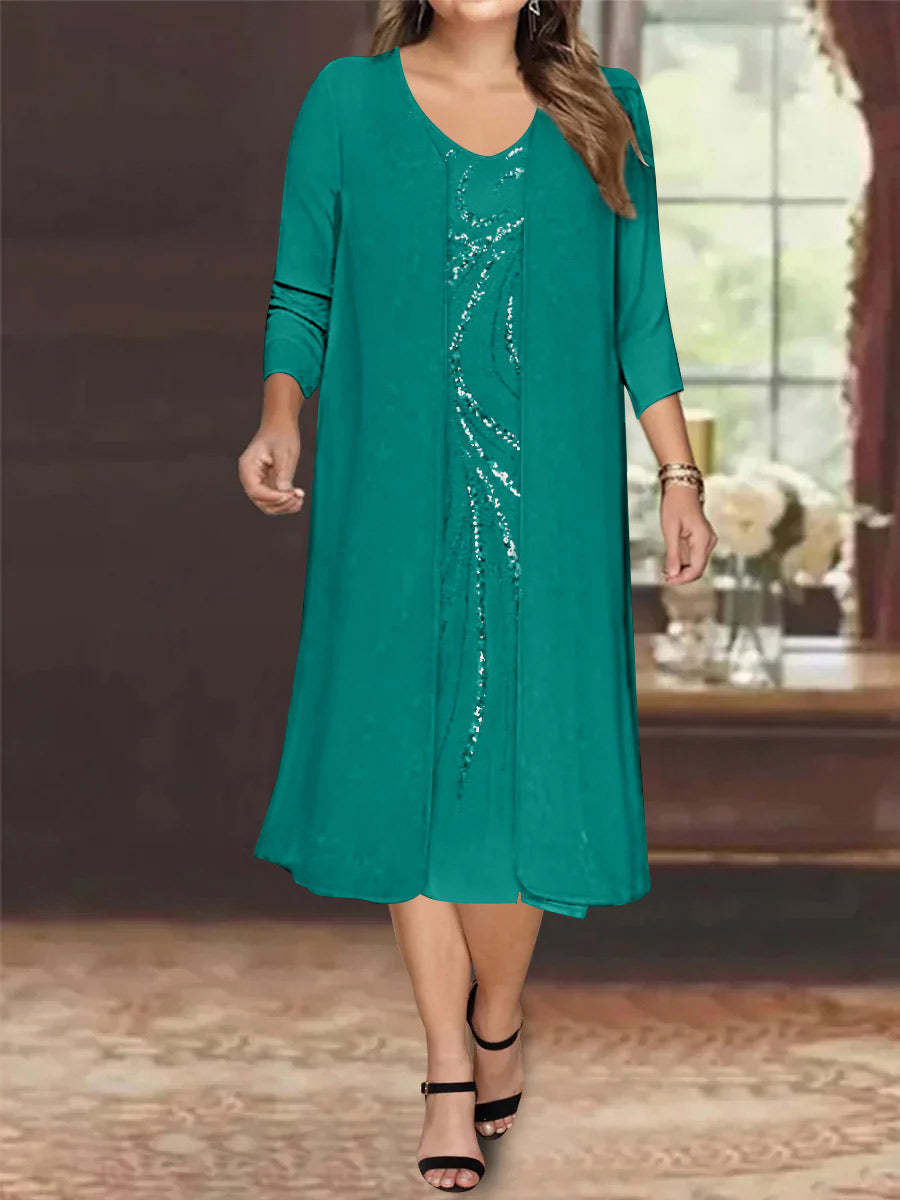V-Neck Long-Sleeve Tea-Length Plus Size Mother of the Bride Dress with Jacket and Sequins