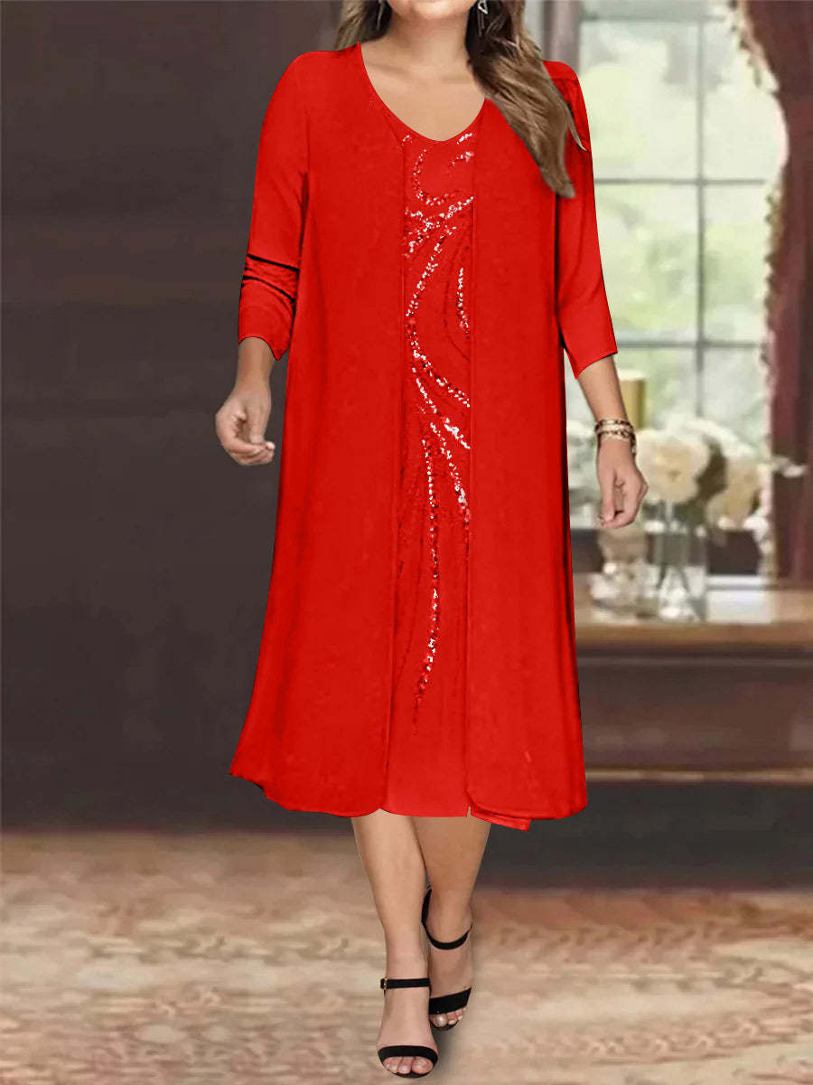 V-Neck Long-Sleeve Tea-Length Plus Size Mother of the Bride Dress with Jacket and Sequins