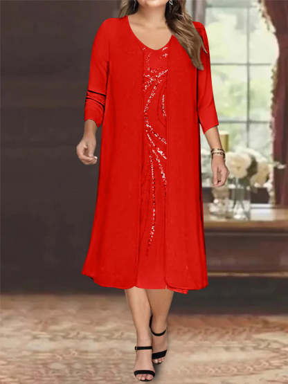 V-Neck Long-Sleeve Tea-Length Plus Size Mother of the Bride Dress with Jacket and Sequins