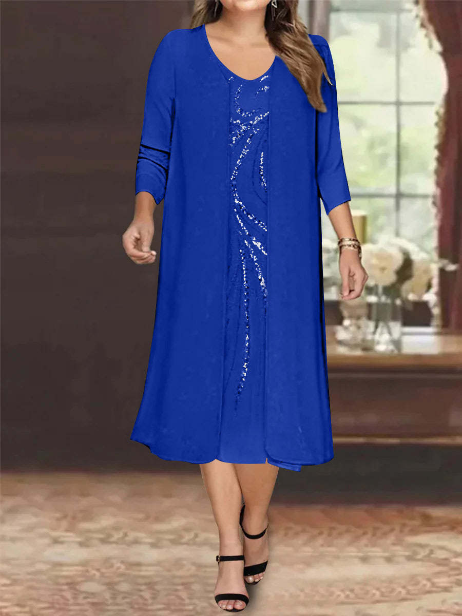V-Neck Long-Sleeve Tea-Length Plus Size Mother of the Bride Dress with Jacket and Sequins
