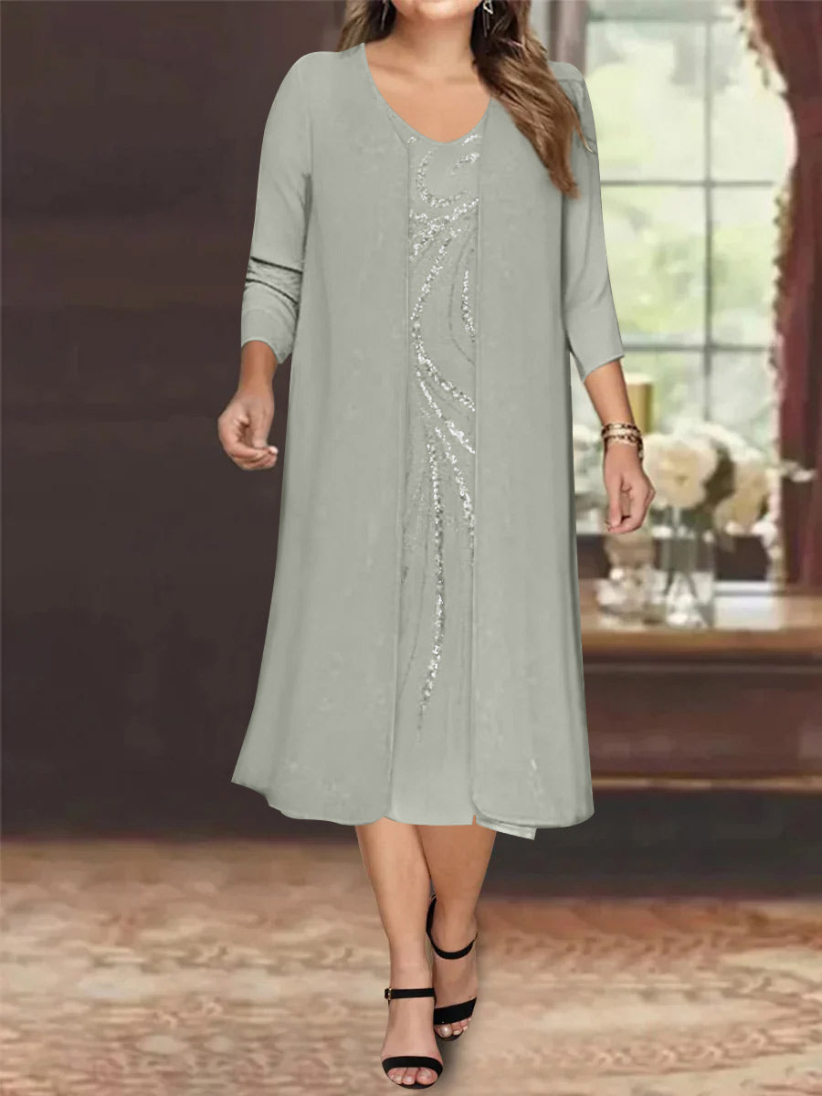 V-Neck Long-Sleeve Tea-Length Plus Size Mother of the Bride Dress with Jacket and Sequins