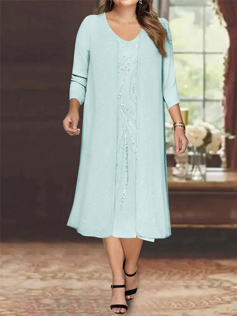 V-Neck Long-Sleeve Tea-Length Plus Size Mother of the Bride Dress with Jacket and Sequins