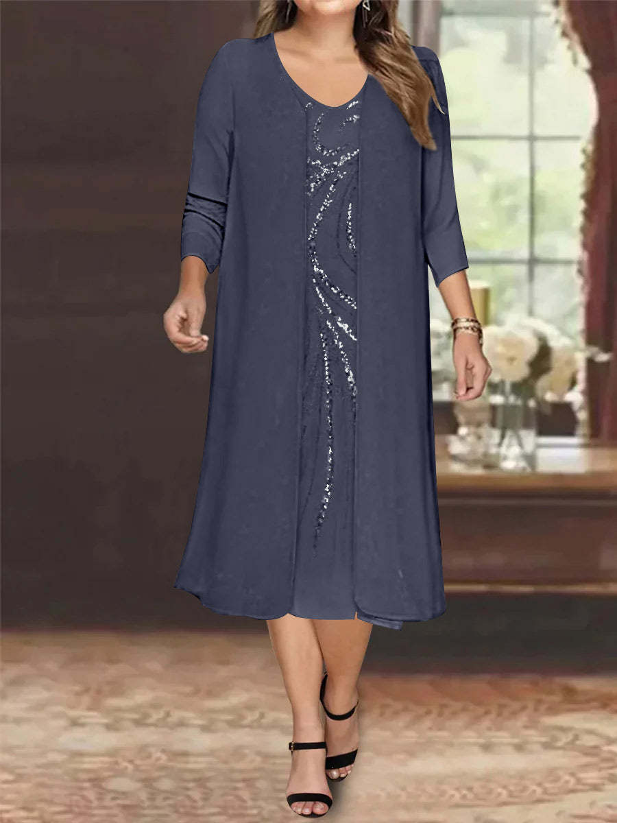 V-Neck Long-Sleeve Tea-Length Plus Size Mother of the Bride Dress with Jacket and Sequins