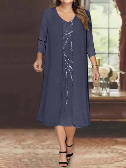 V-Neck Long-Sleeve Tea-Length Plus Size Mother of the Bride Dress with Jacket and Sequins
