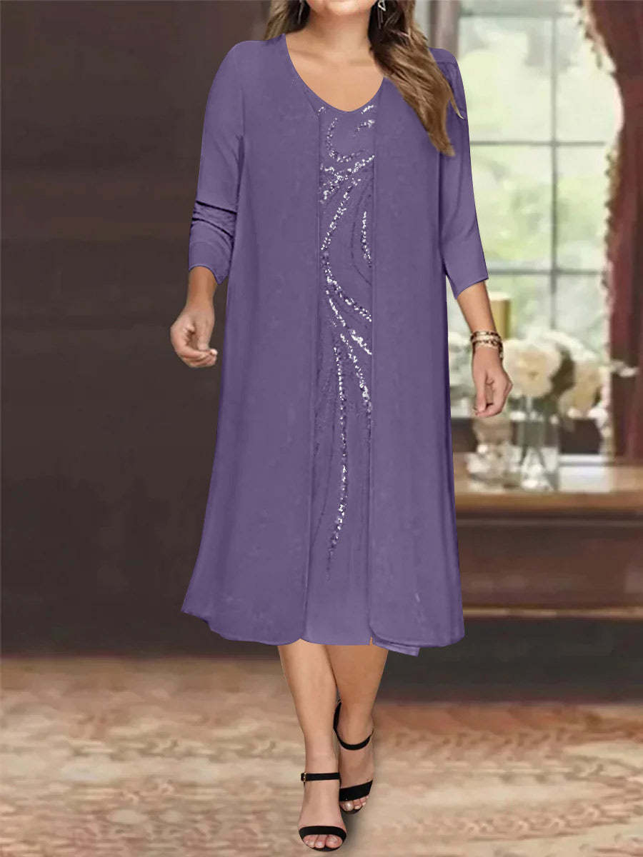 V-Neck Long-Sleeve Tea-Length Plus Size Mother of the Bride Dress with Jacket and Sequins