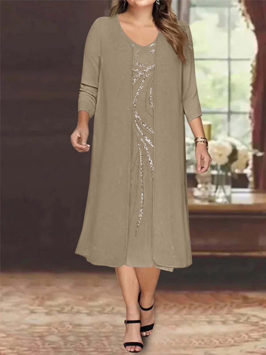 V-Neck Long-Sleeve Tea-Length Plus Size Mother of the Bride Dress with Jacket and Sequins