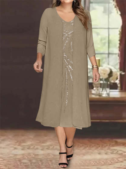 V-Neck Long-Sleeve Tea-Length Plus Size Mother of the Bride Dress with Jacket and Sequins