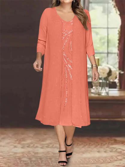 V-Neck Long-Sleeve Tea-Length Plus Size Mother of the Bride Dress with Jacket and Sequins