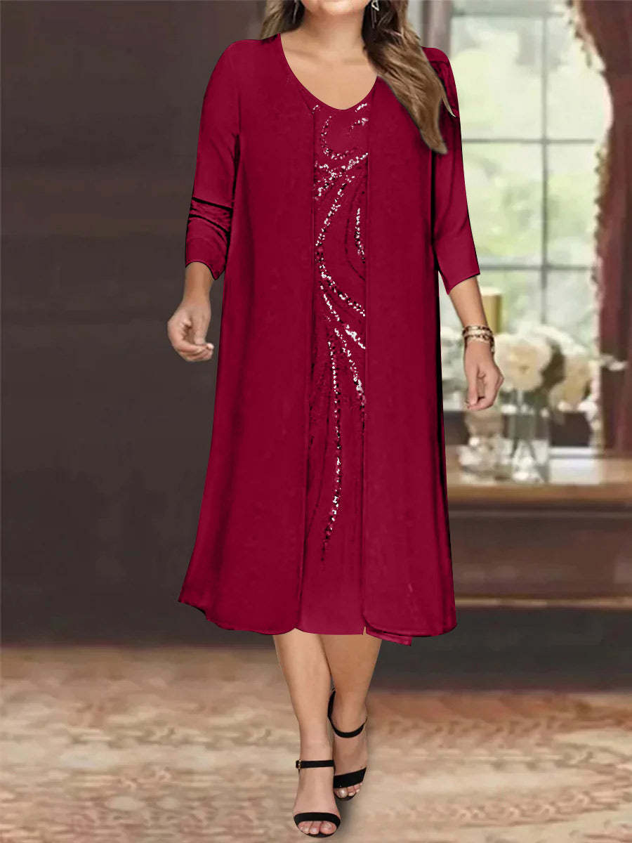 V-Neck Long-Sleeve Tea-Length Plus Size Mother of the Bride Dress with Jacket and Sequins