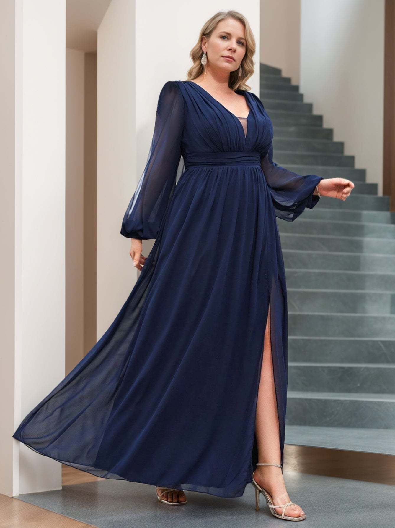 Plus Size Floor-Length A-Line Princess V-Neck Mother of the Bride Dress with Long Sleeves and Ruffles-BMbridal.UK