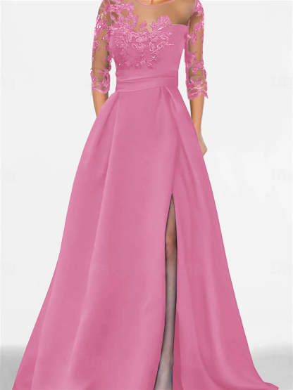 Sweetheart A-Line Princess Floor-Length Mother of the Bride Dress with 3/4 Lace Sleeves and Side Split-BMbridal.UK