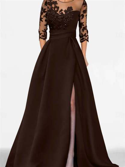 Sweetheart A-Line Princess Floor-Length Mother of the Bride Dress with 3/4 Lace Sleeves and Side Split-BMbridal.UK
