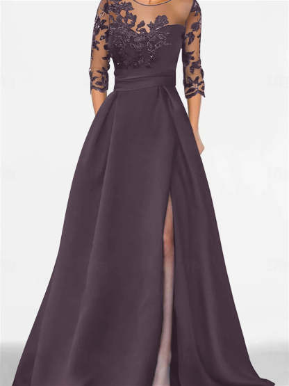 Sweetheart A-Line Princess Floor-Length Mother of the Bride Dress with 3/4 Lace Sleeves and Side Split-BMbridal.UK
