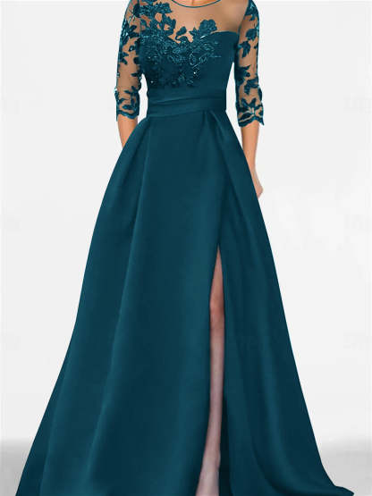 Sweetheart A-Line Princess Floor-Length Mother of the Bride Dress with 3/4 Lace Sleeves and Side Split-BMbridal.UK