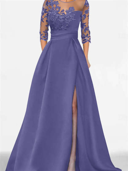 Sweetheart A-Line Princess Floor-Length Mother of the Bride Dress with 3/4 Lace Sleeves and Side Split-BMbridal.UK