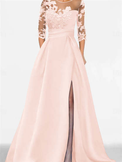 Sweetheart A-Line Princess Floor-Length Mother of the Bride Dress with 3/4 Lace Sleeves and Side Split-BMbridal.UK