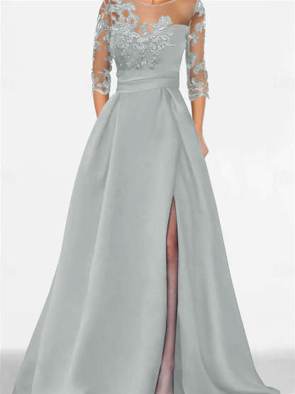 Sweetheart A-Line Princess Floor-Length Mother of the Bride Dress with 3/4 Lace Sleeves and Side Split-BMbridal.UK