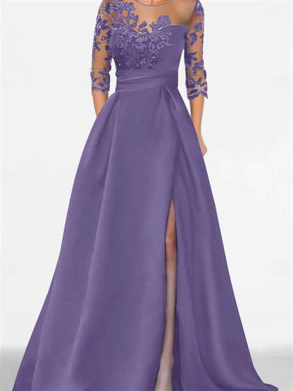 Sweetheart A-Line Princess Floor-Length Mother of the Bride Dress with 3/4 Lace Sleeves and Side Split-BMbridal.UK