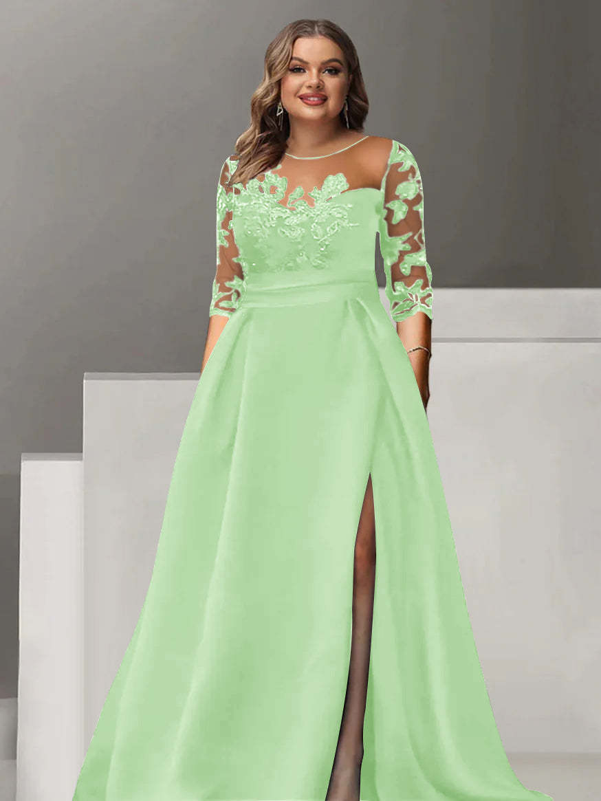 Sweetheart A-Line Princess Floor-Length Plus Size Mother of the Bride Dress with 3/4 Sleeves Lace & Side Split-BMbridal.UK