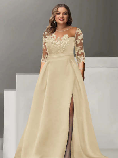 Sweetheart A-Line Princess Floor-Length Plus Size Mother of the Bride Dress with 3/4 Sleeves Lace & Side Split-BMbridal.UK