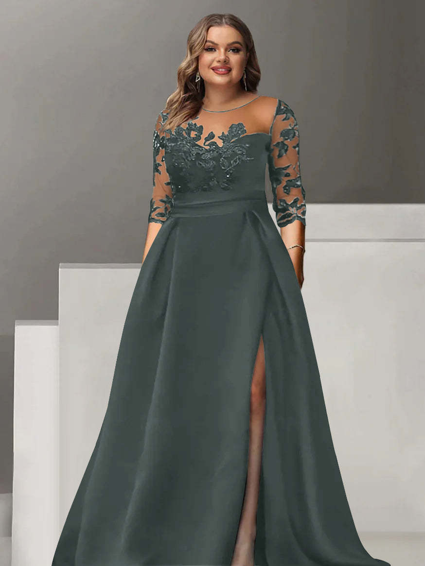 Sweetheart A-Line Princess Floor-Length Plus Size Mother of the Bride Dress with 3/4 Sleeves Lace & Side Split-BMbridal.UK