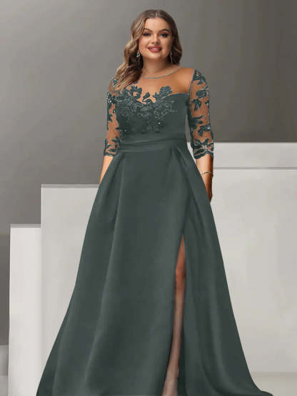 Sweetheart A-Line Princess Floor-Length Plus Size Mother of the Bride Dress with 3/4 Sleeves Lace & Side Split-BMbridal.UK
