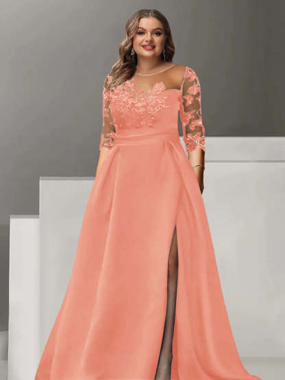 Sweetheart A-Line Princess Floor-Length Plus Size Mother of the Bride Dress with 3/4 Sleeves Lace & Side Split-BMbridal.UK