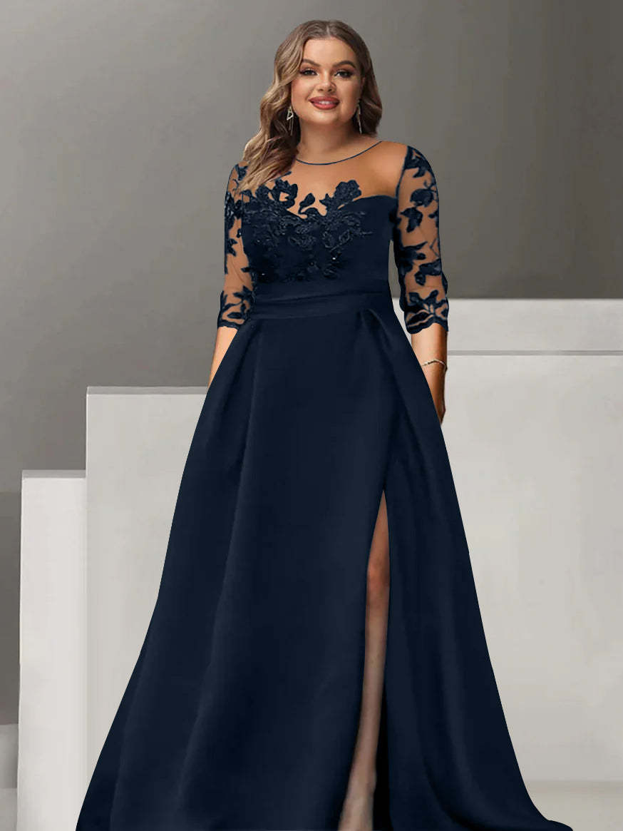 Sweetheart A-Line Princess Floor-Length Plus Size Mother of the Bride Dress with 3/4 Sleeves Lace & Side Split-BMbridal.UK