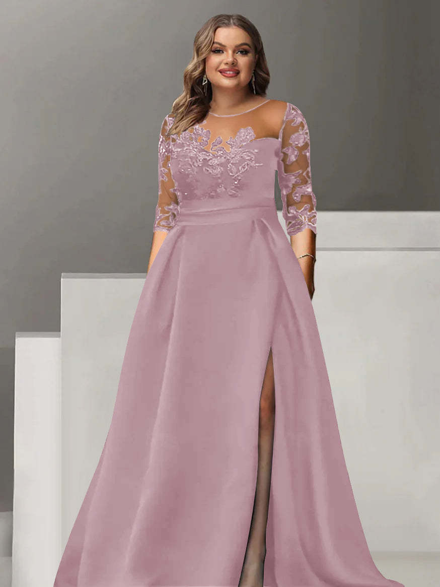 Sweetheart A-Line Princess Floor-Length Plus Size Mother of the Bride Dress with 3/4 Sleeves Lace & Side Split-BMbridal.UK