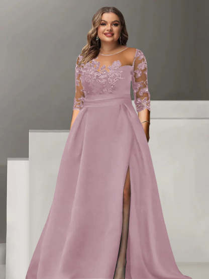 Sweetheart A-Line Princess Floor-Length Plus Size Mother of the Bride Dress with 3/4 Sleeves Lace & Side Split-BMbridal.UK