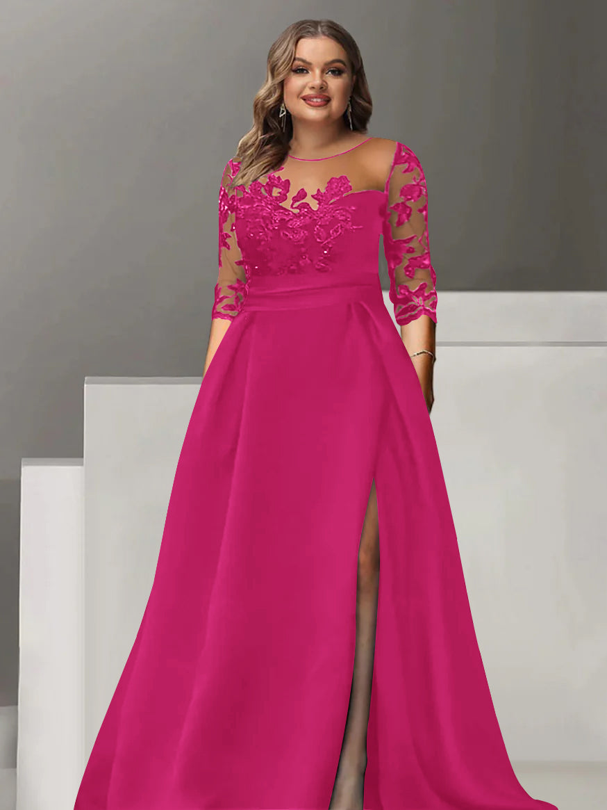 Sweetheart A-Line Princess Floor-Length Plus Size Mother of the Bride Dress with 3/4 Sleeves Lace & Side Split-BMbridal.UK