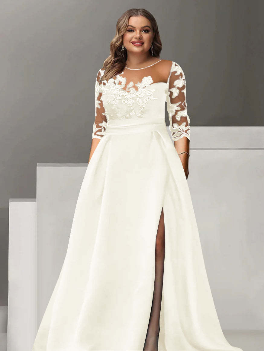 Sweetheart A-Line Princess Floor-Length Plus Size Mother of the Bride Dress with 3/4 Sleeves Lace & Side Split-BMbridal.UK