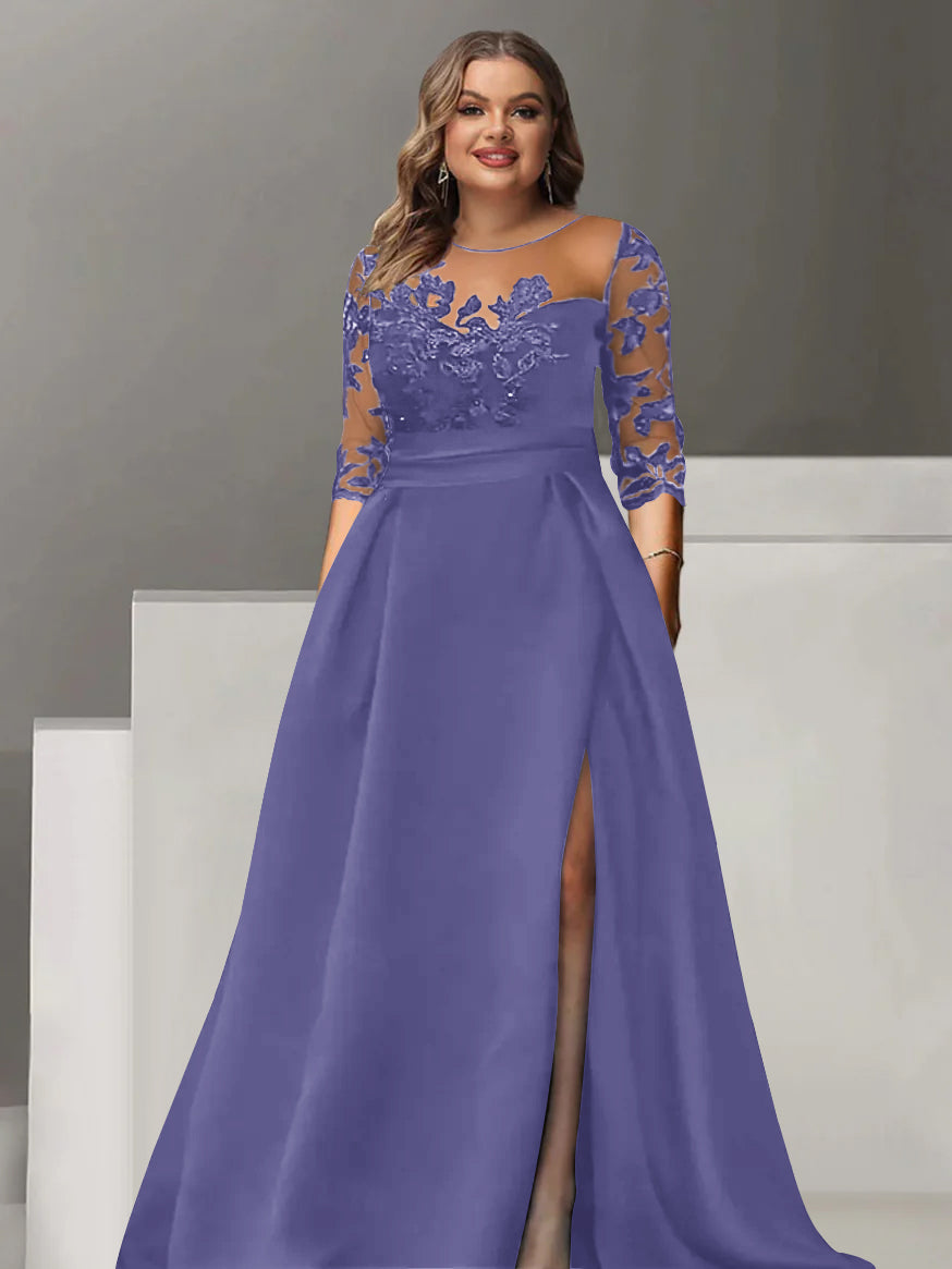 Sweetheart A-Line Princess Floor-Length Plus Size Mother of the Bride Dress with 3/4 Sleeves Lace & Side Split-BMbridal.UK