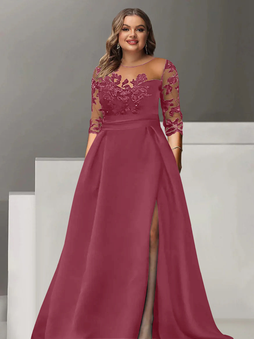 Sweetheart A-Line Princess Floor-Length Plus Size Mother of the Bride Dress with 3/4 Sleeves Lace & Side Split-BMbridal.UK