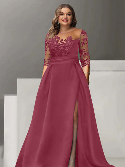 Sweetheart A-Line Princess Floor-Length Plus Size Mother of the Bride Dress with 3/4 Sleeves Lace & Side Split-BMbridal.UK