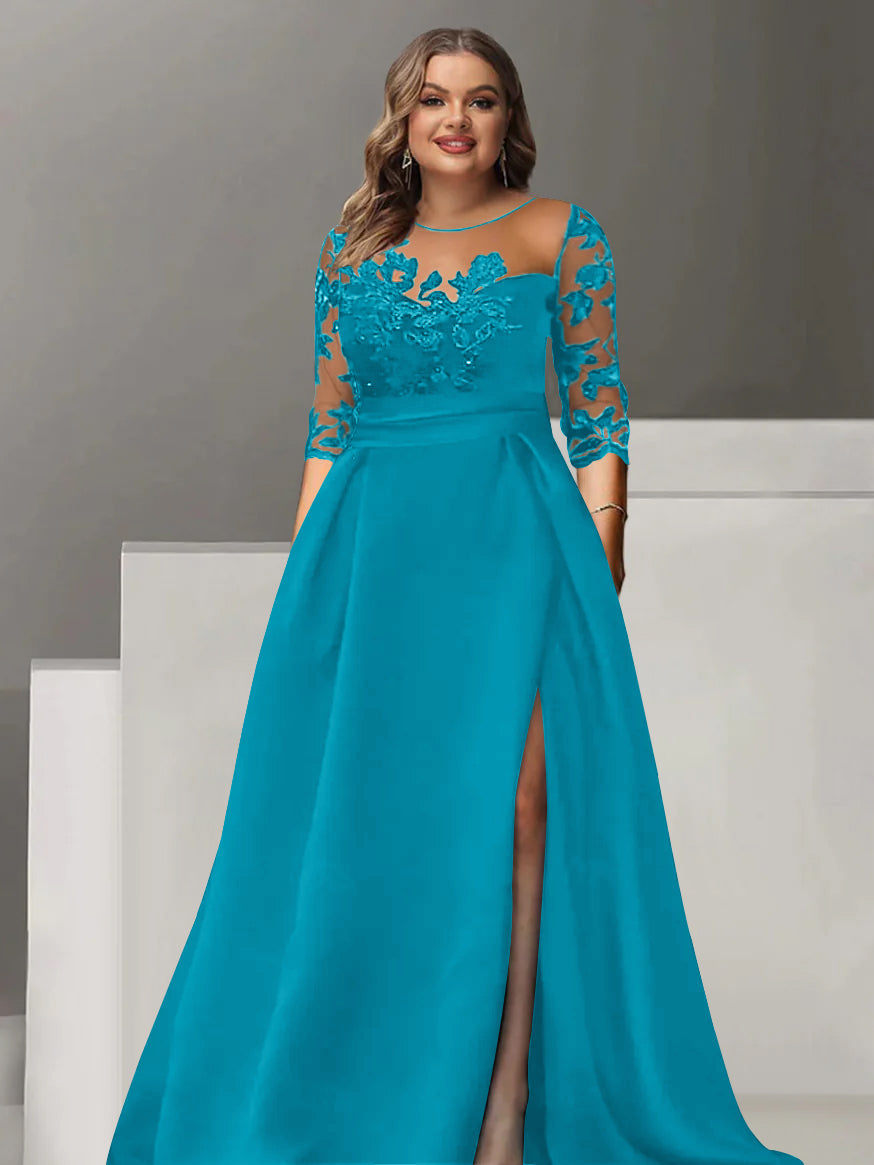 Sweetheart A-Line Princess Floor-Length Plus Size Mother of the Bride Dress with 3/4 Sleeves Lace & Side Split-BMbridal.UK