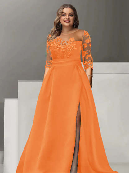 Sweetheart A-Line Princess Floor-Length Plus Size Mother of the Bride Dress with 3/4 Sleeves Lace & Side Split-BMbridal.UK