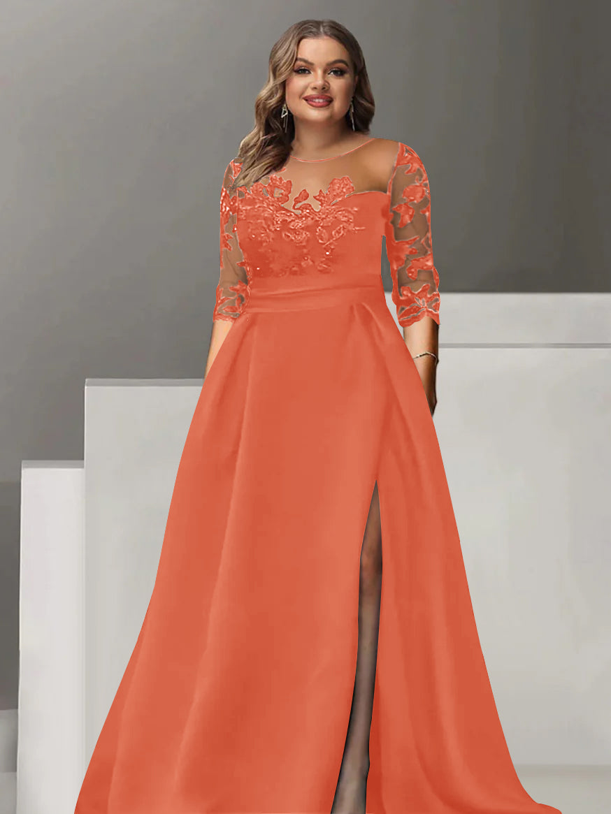 Sweetheart A-Line Princess Floor-Length Plus Size Mother of the Bride Dress with 3/4 Sleeves Lace & Side Split-BMbridal.UK