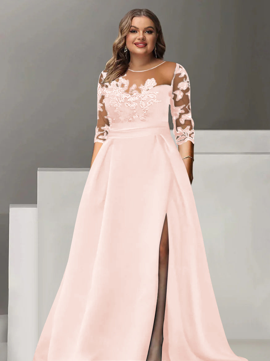 Sweetheart A-Line Princess Floor-Length Plus Size Mother of the Bride Dress with 3/4 Sleeves Lace & Side Split-BMbridal.UK