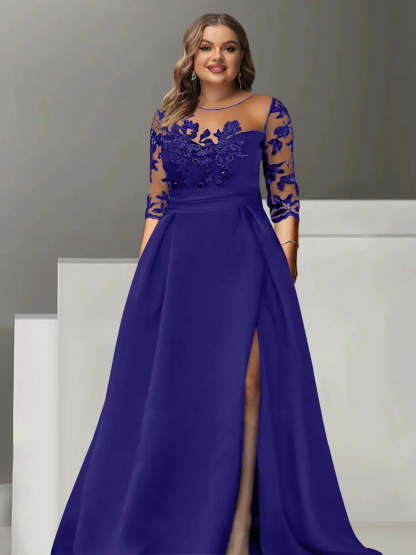 Sweetheart A-Line Princess Floor-Length Plus Size Mother of the Bride Dress with 3/4 Sleeves Lace & Side Split-BMbridal.UK
