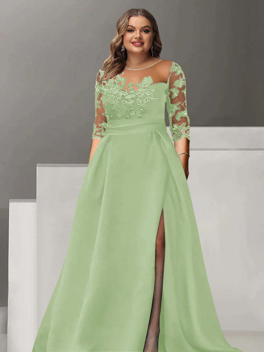 Sweetheart A-Line Princess Floor-Length Plus Size Mother of the Bride Dress with 3/4 Sleeves Lace & Side Split-BMbridal.UK