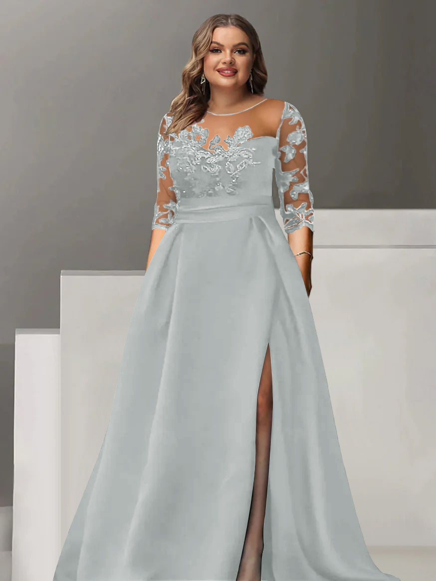 Sweetheart A-Line Princess Floor-Length Plus Size Mother of the Bride Dress with 3/4 Sleeves Lace & Side Split-BMbridal.UK