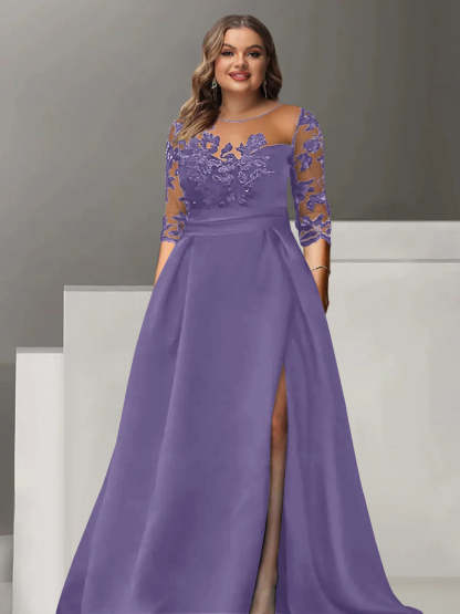 Sweetheart A-Line Princess Floor-Length Plus Size Mother of the Bride Dress with 3/4 Sleeves Lace & Side Split-BMbridal.UK