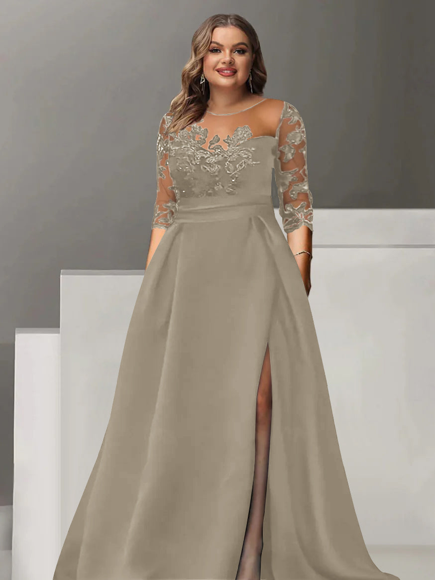 Sweetheart A-Line Princess Floor-Length Plus Size Mother of the Bride Dress with 3/4 Sleeves Lace & Side Split-BMbridal.UK