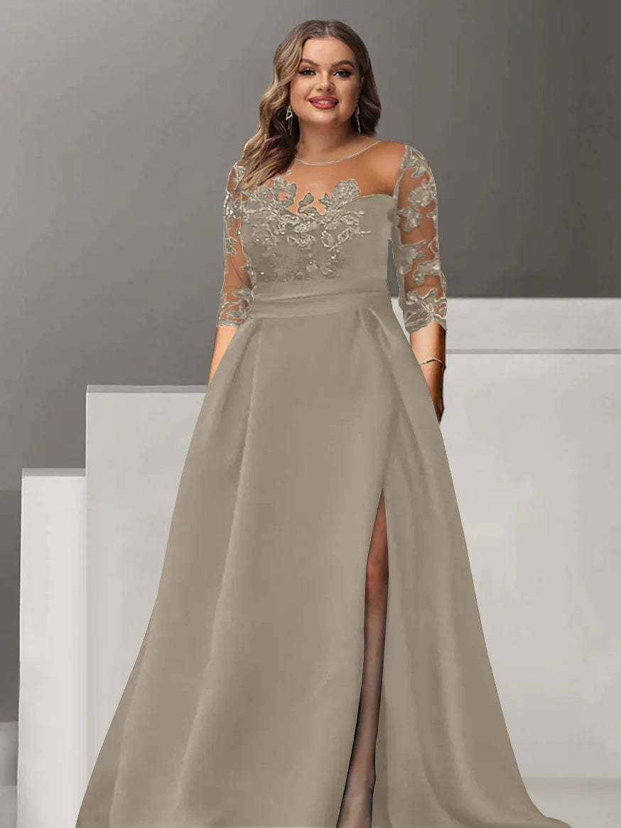 Sweetheart A-Line Princess Floor-Length Plus Size Mother of the Bride Dress with 3/4 Sleeves Lace & Side Split-BMbridal.UK